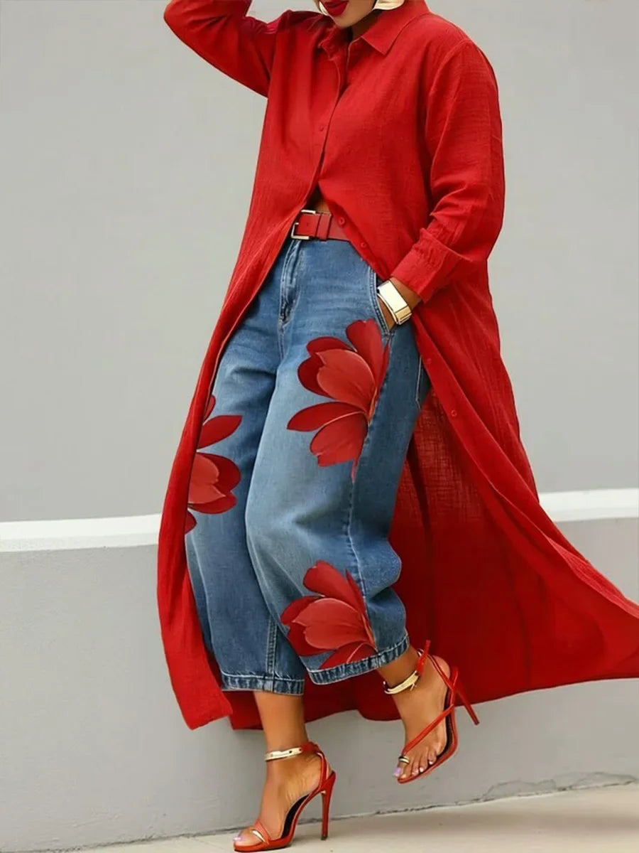 Analie - Shirt Dress and Floral Jeans Set