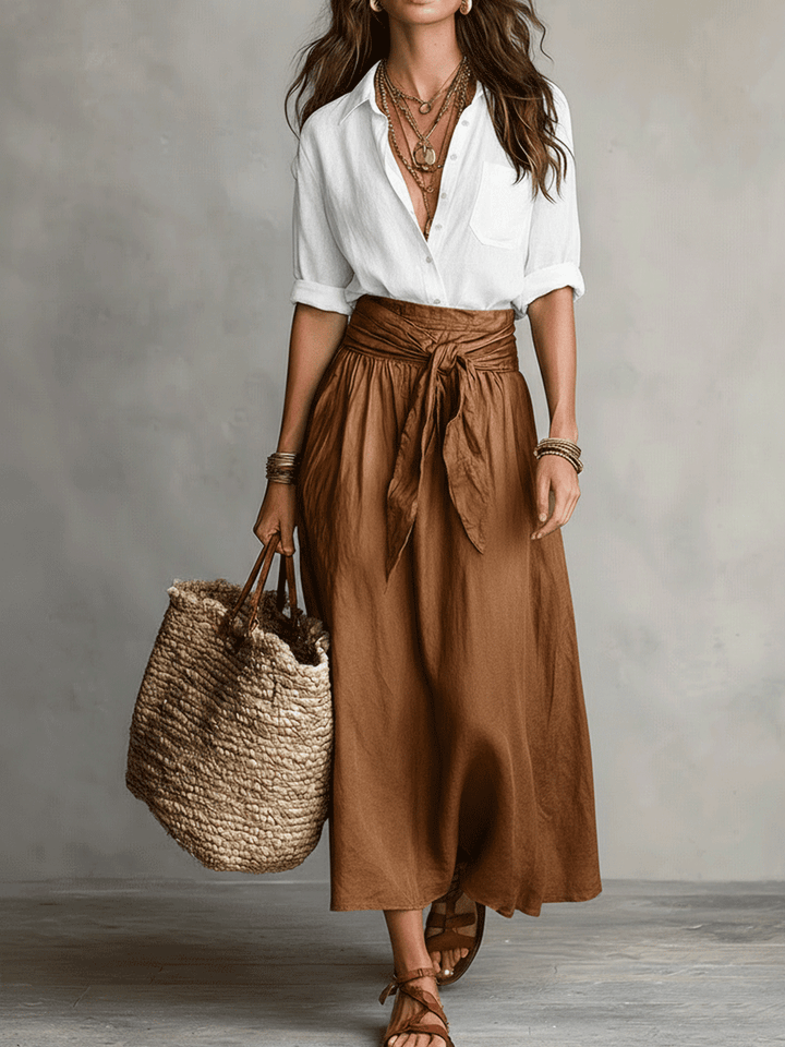 Two-piece set: Blouse and satin midi skirt in Boho style