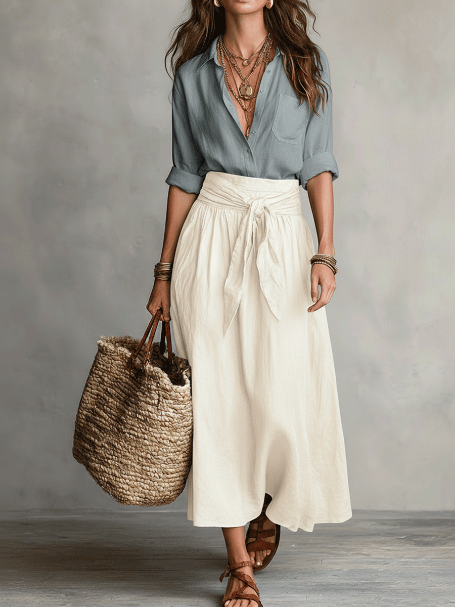 Two-piece set: Blouse and satin midi skirt in Boho style