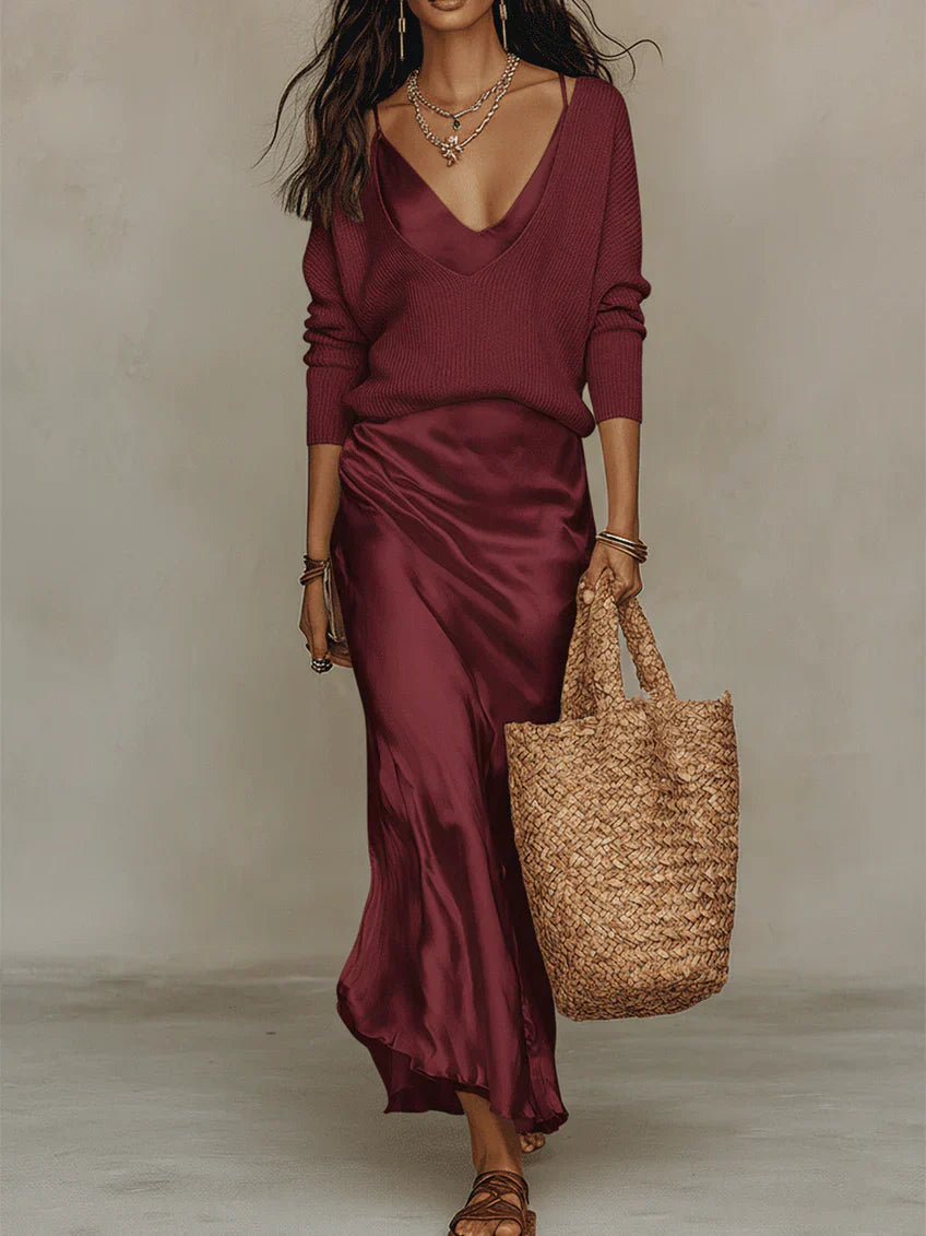 Elena | Satin Midi Dress with Matching Sweater