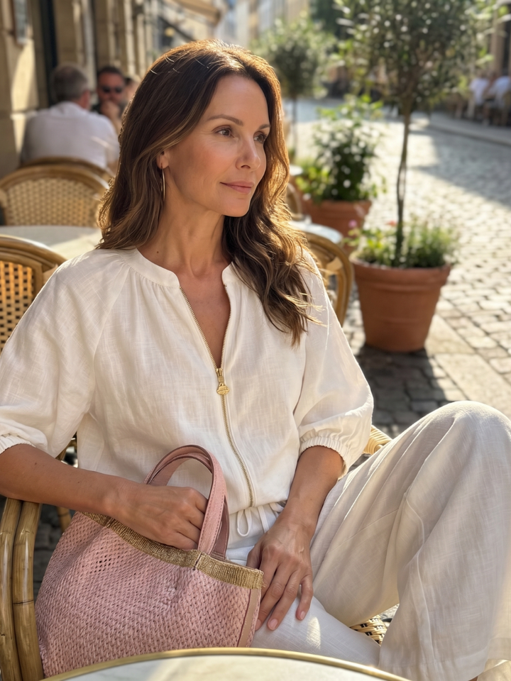 Natalia | Zip-Front Blouson Top with Wide-Leg Trousers