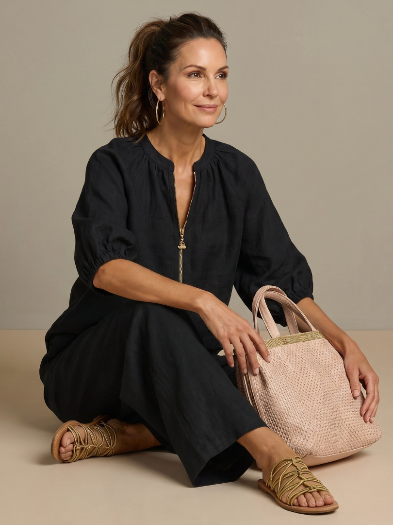 Natalia | Zip-Front Blouson Top with Wide-Leg Trousers