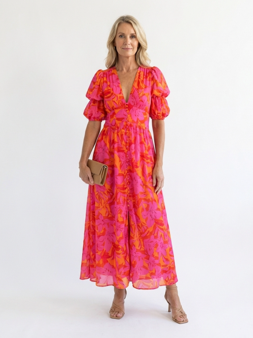 Willow | V-Neck Floral Midi Dress with Puff Sleeves