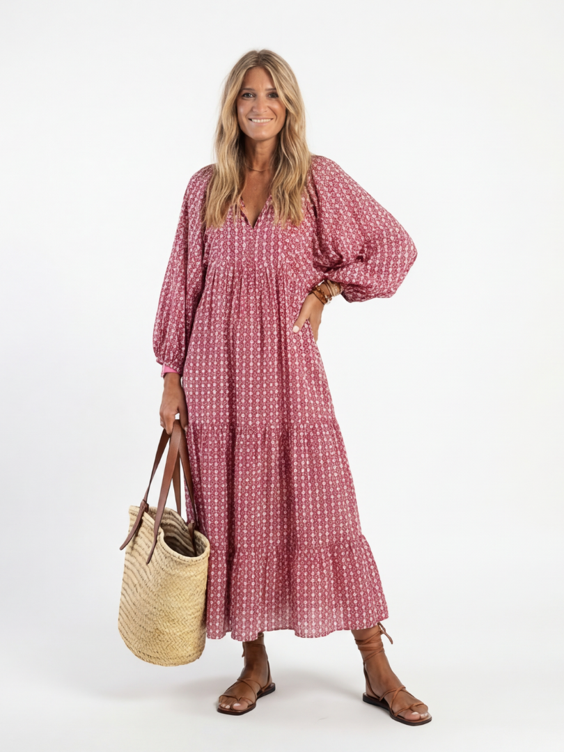 Arlette | Long Sleeve Midi Dress with Geometric Print