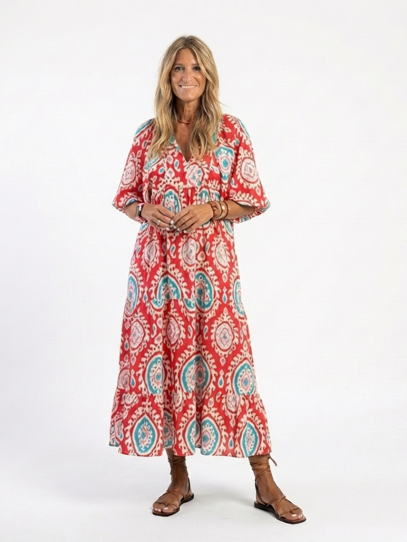 Zaria | V-Neck Midi Dress with Paisley Print and Short Sleeves