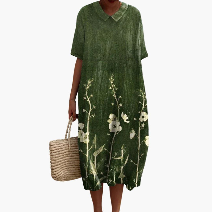 Floral Cotton V Neck Short Sleeve Oversized Casual Midi Dress