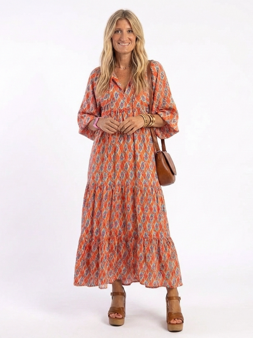 Amara | V-Neck Layered Midi Dress with Geometric Print