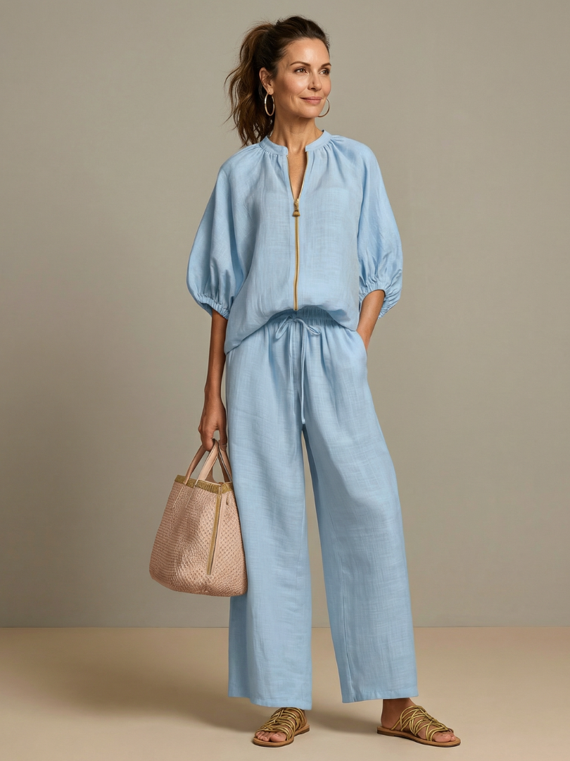 Natalia | Zip-Front Blouson Top with Wide-Leg Trousers