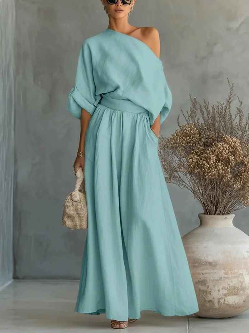 Lisa | Off-Shoulder Soft Top with Fitted Trousers Ensemble