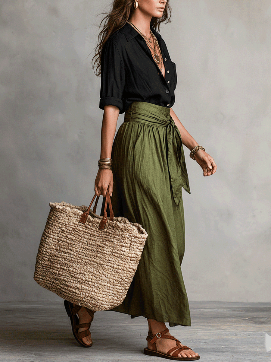 Two-piece set: Blouse and satin midi skirt in Boho style