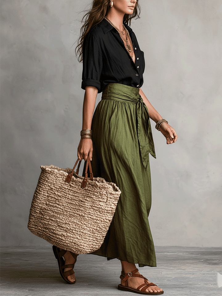 Two-piece set: Blouse and satin midi skirt in Boho style