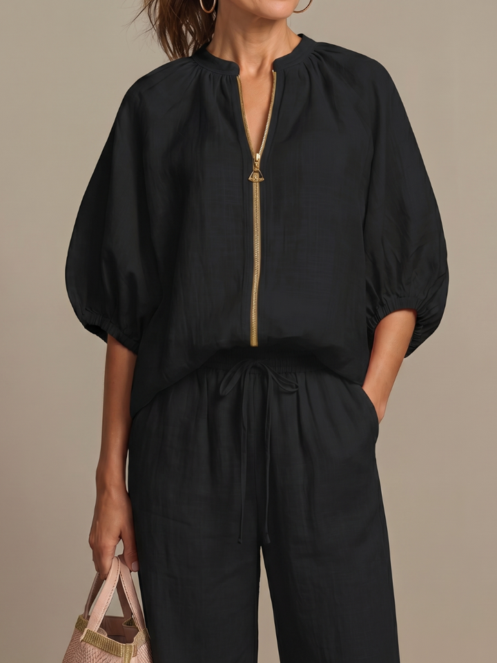 Natalia | Zip-Front Blouson Top with Wide-Leg Trousers