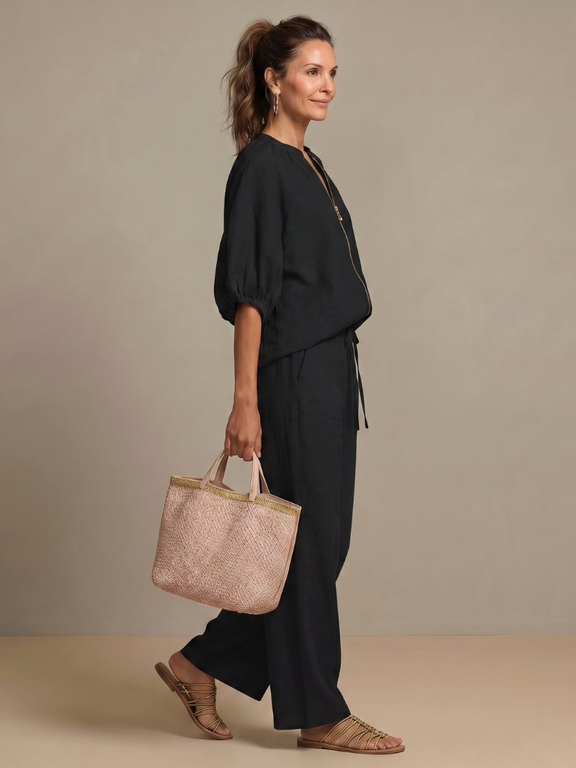 Natalia | Zip-Front Blouson Top with Wide-Leg Trousers