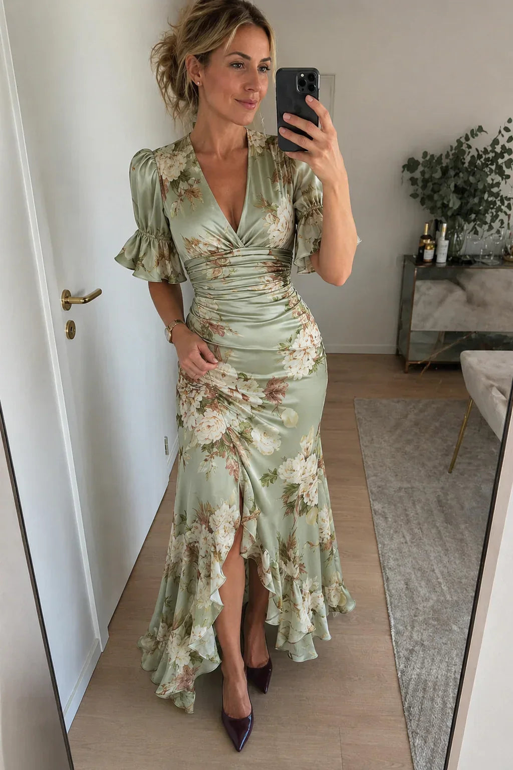 Lucía | Floral Print Asymmetrical Long Satin Dress