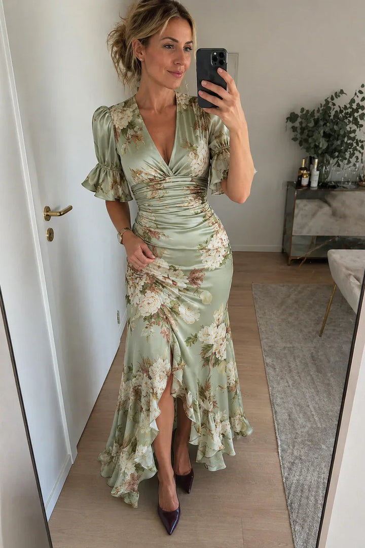 Lucía | Floral Print Asymmetrical Long Satin Dress