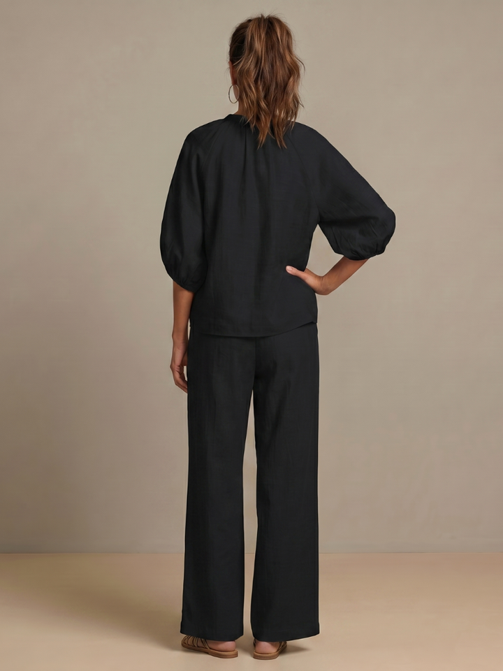 Natalia | Zip-Front Blouson Top with Wide-Leg Trousers