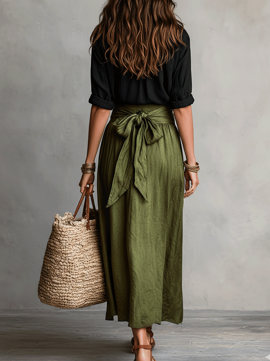 Two-piece set: Blouse and satin midi skirt in Boho style