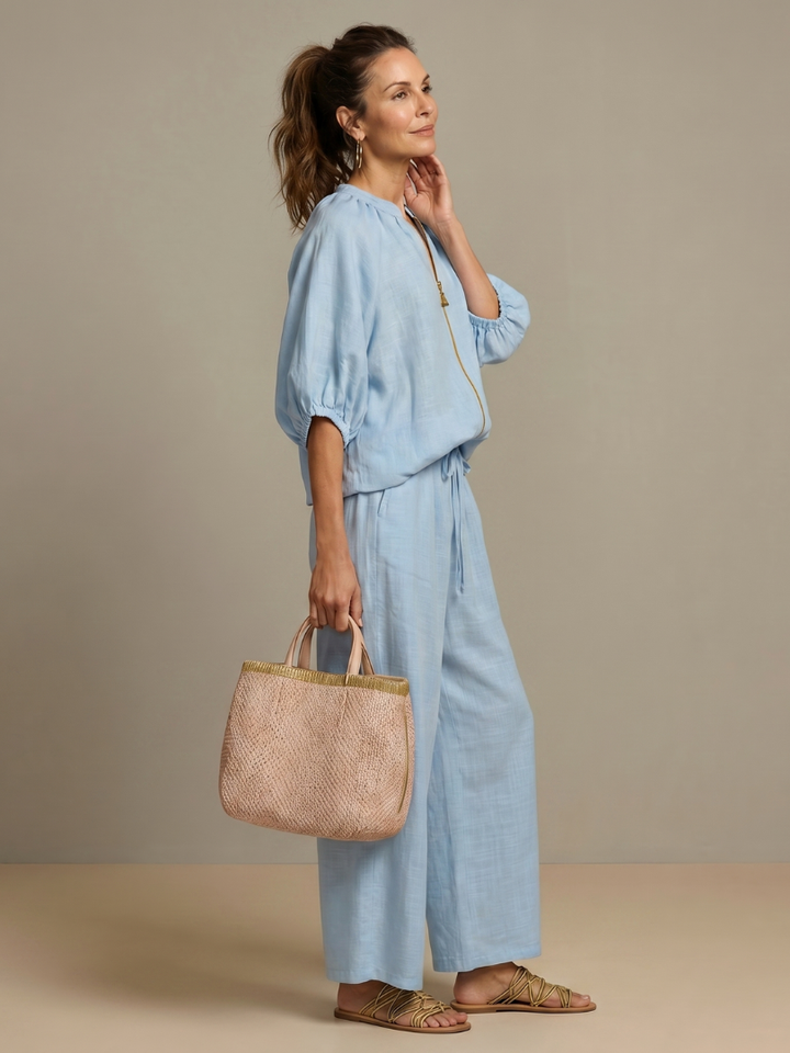 Natalia | Zip-Front Blouson Top with Wide-Leg Trousers