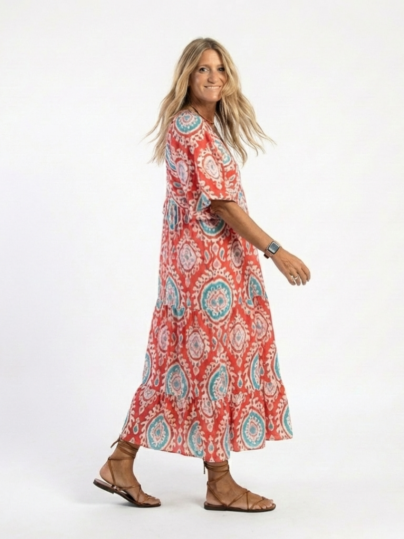 Zaria | V-Neck Midi Dress with Paisley Print and Short Sleeves
