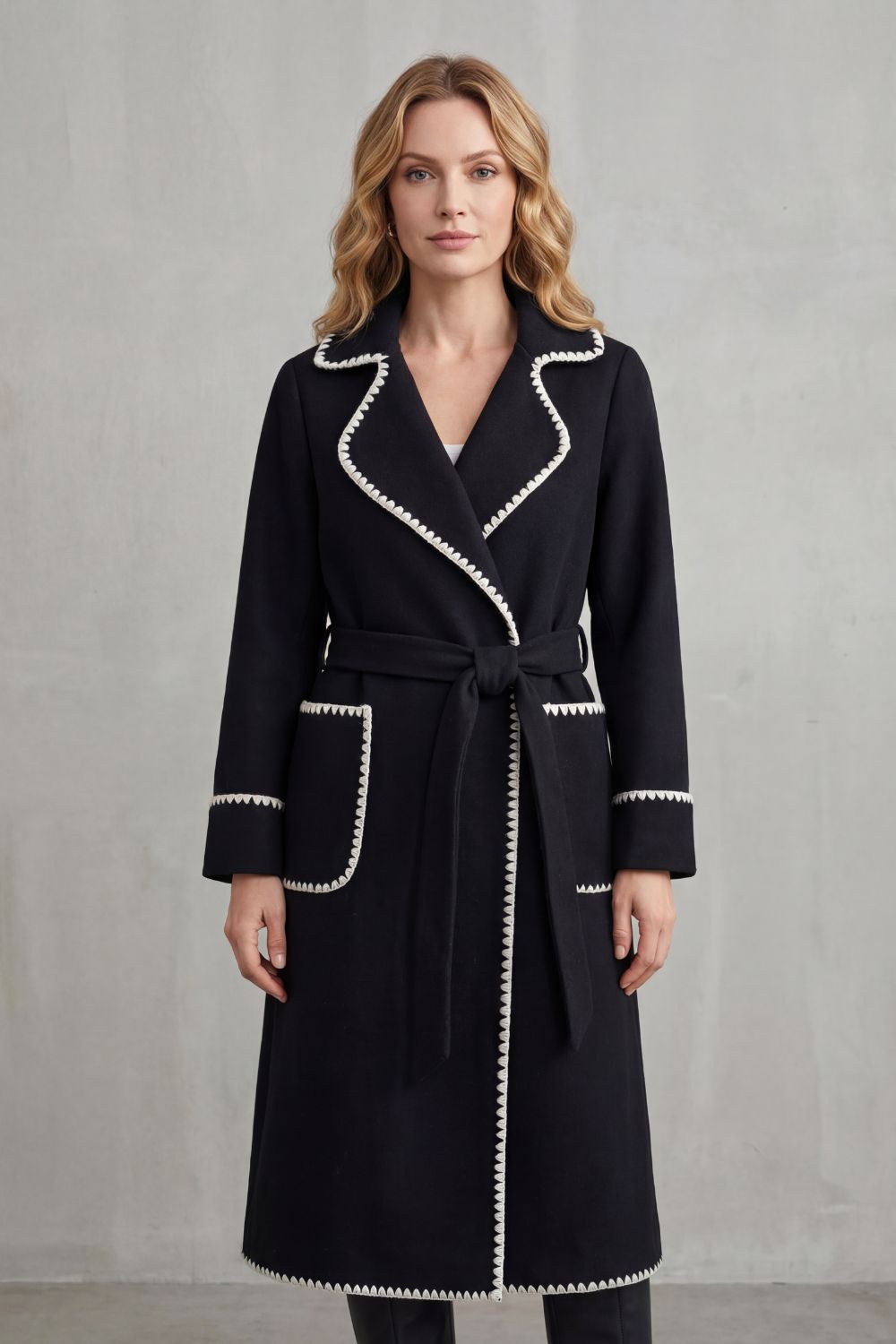 Serafelle | Women's Contrast Trim Longline Belted Coat