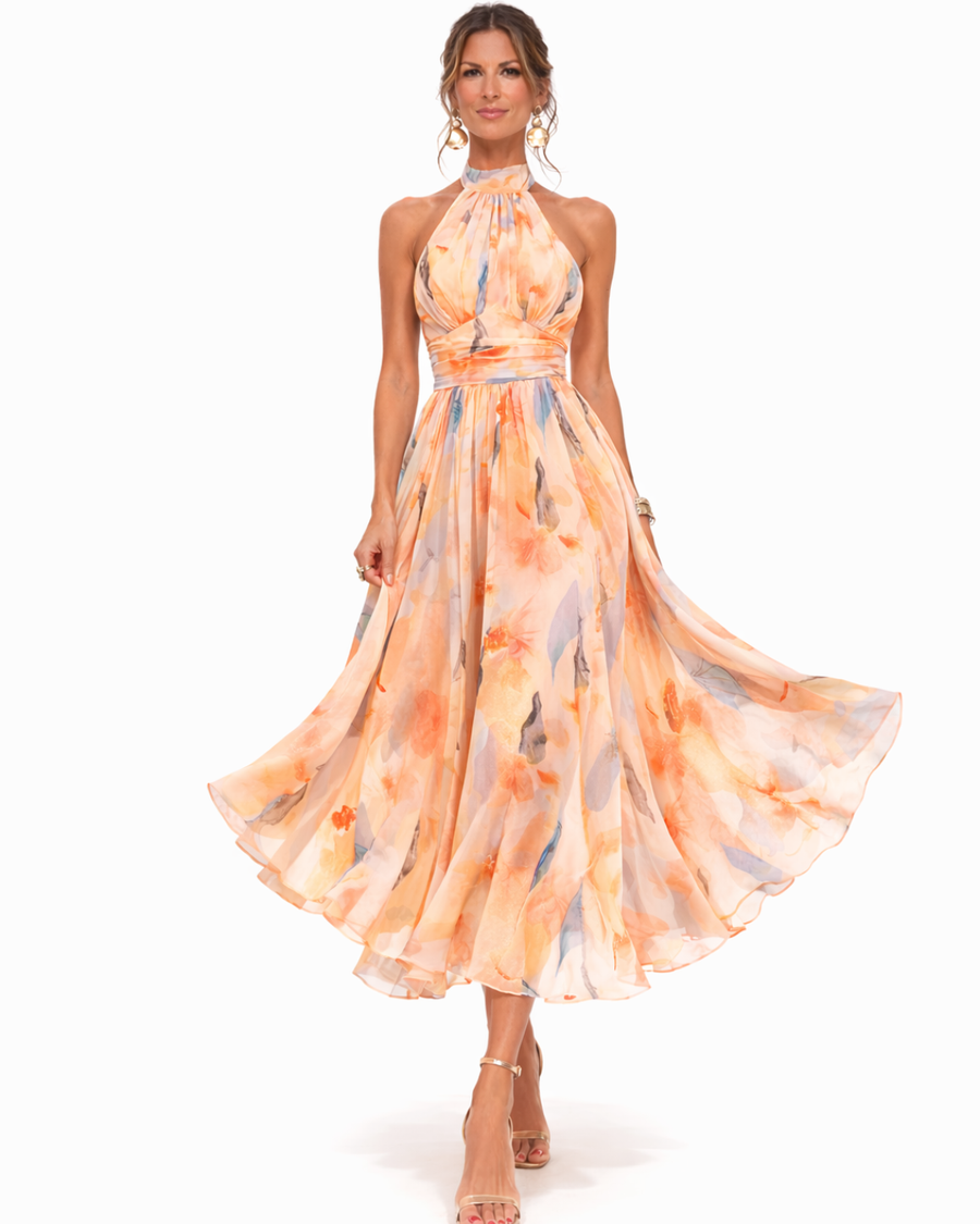 Aurora | Dress with American neckline and watercolour print