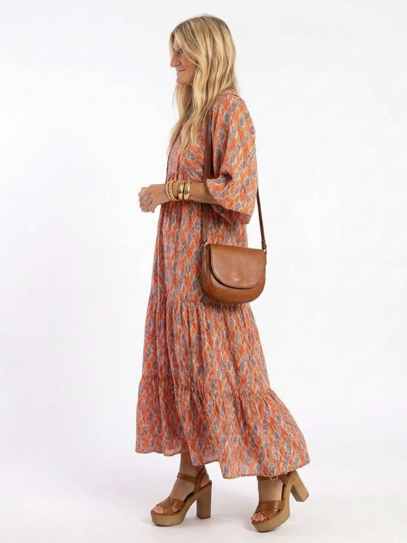 Amara | V-Neck Layered Midi Dress with Geometric Print