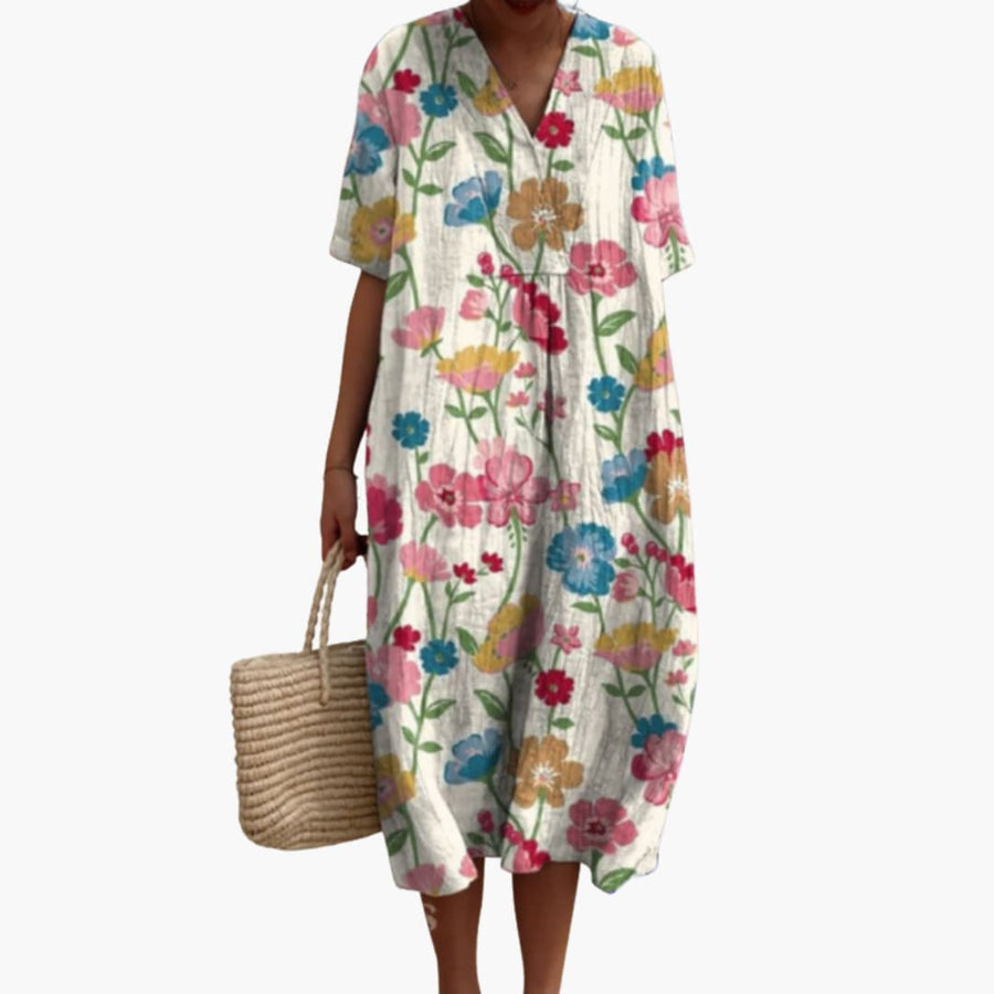 Floral Cotton V Neck Short Sleeve Oversized Casual Midi Dress
