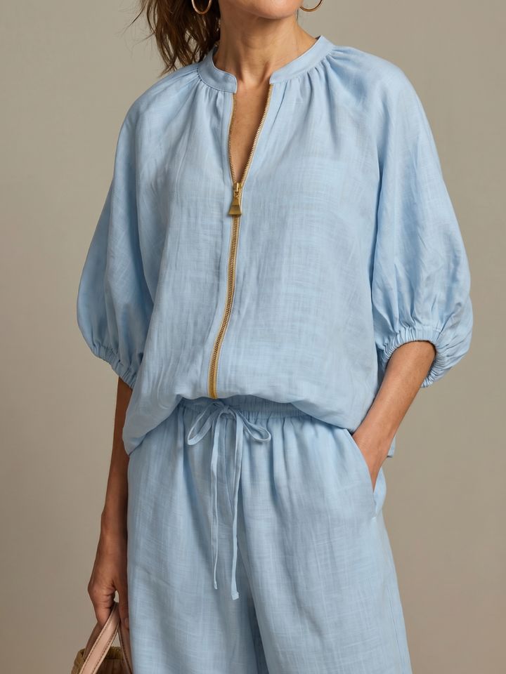 Natalia | Zip-Front Blouson Top with Wide-Leg Trousers