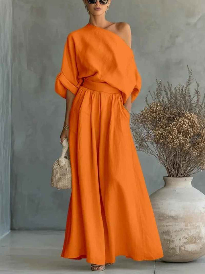 Lisa | Off-Shoulder Soft Top with Fitted Trousers Ensemble