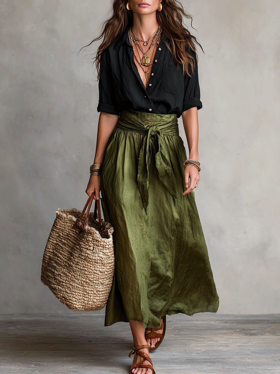 Two-piece set: Blouse and satin midi skirt in Boho style