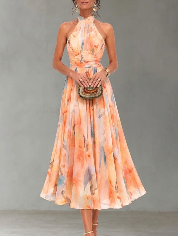Aurora | Dress with American neckline and watercolour print