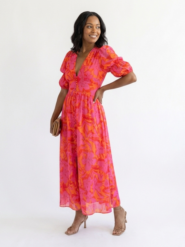 Willow | V-Neck Floral Midi Dress with Puff Sleeves