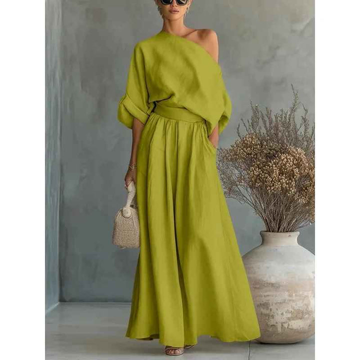 Lisa | Off-Shoulder Soft Top with Fitted Trousers Ensemble