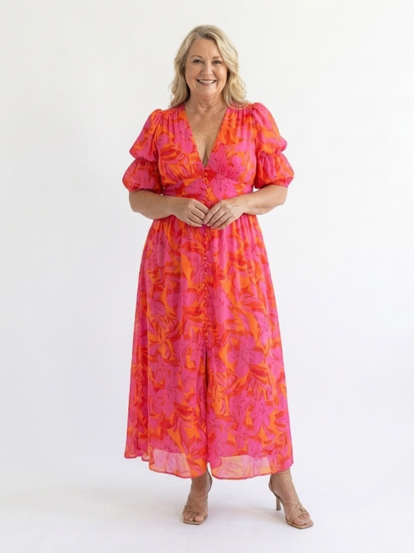 Willow | V-Neck Floral Midi Dress with Puff Sleeves