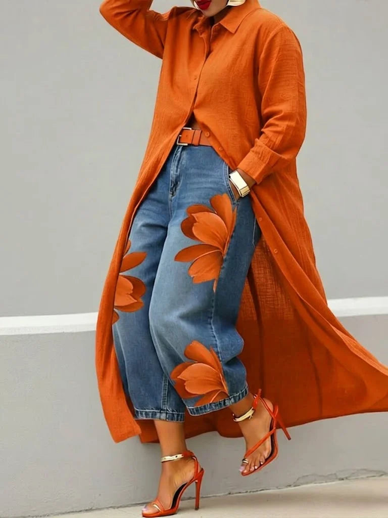Analie - Shirt Dress and Floral Jeans Set