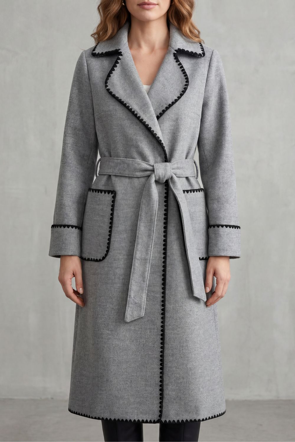 Serafelle | Women's Contrast Trim Longline Belted Coat
