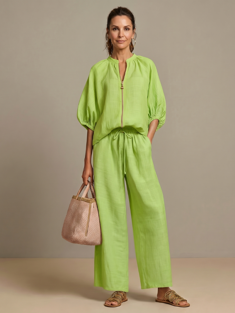Natalia | Zip-Front Blouson Top with Wide-Leg Trousers
