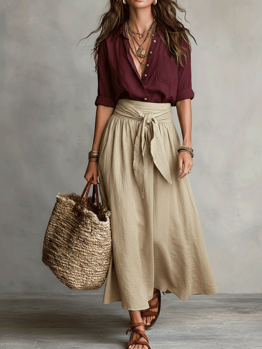 Two-piece set: Blouse and satin midi skirt in Boho style