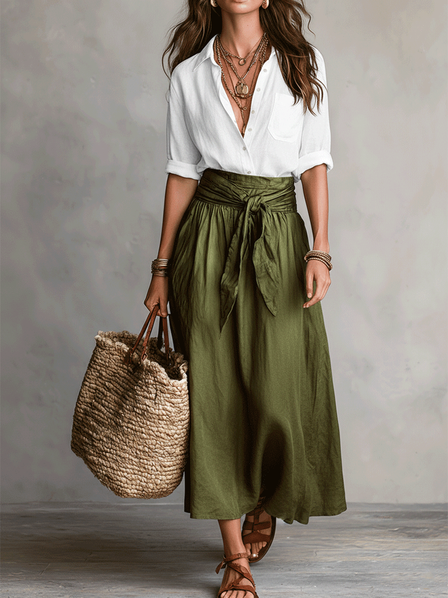 Two-piece set: Blouse and satin midi skirt in Boho style