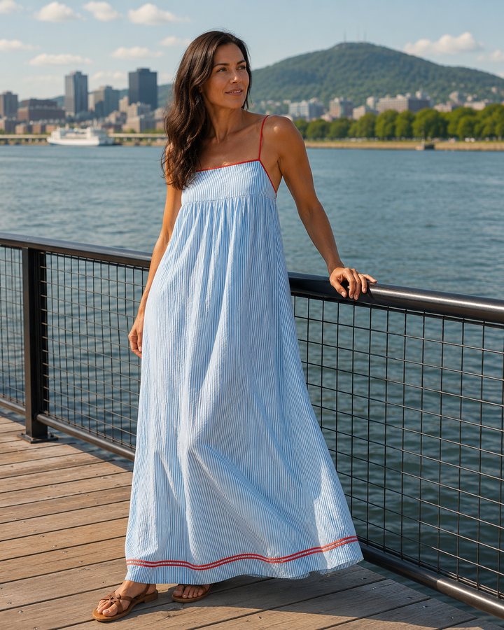 Hyselle - Vestido largo para damas con finas rayas y tirantes de spaghetti