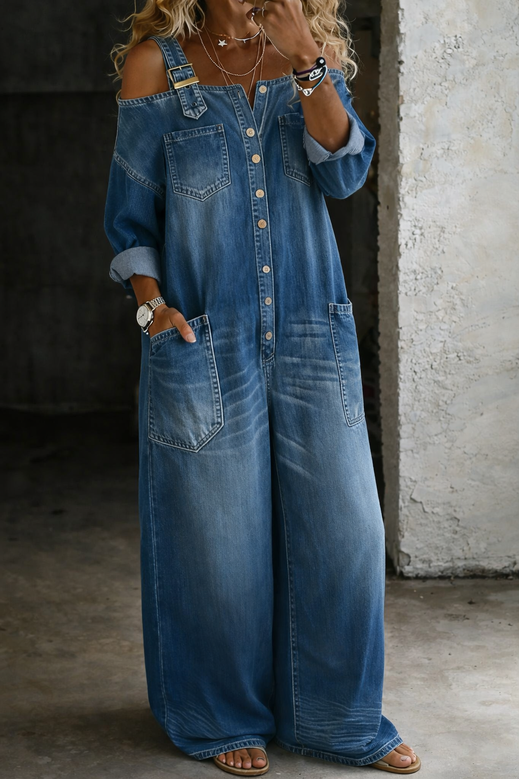 Stephanie | Off-Shoulder Printed Denim Jumpsuit
