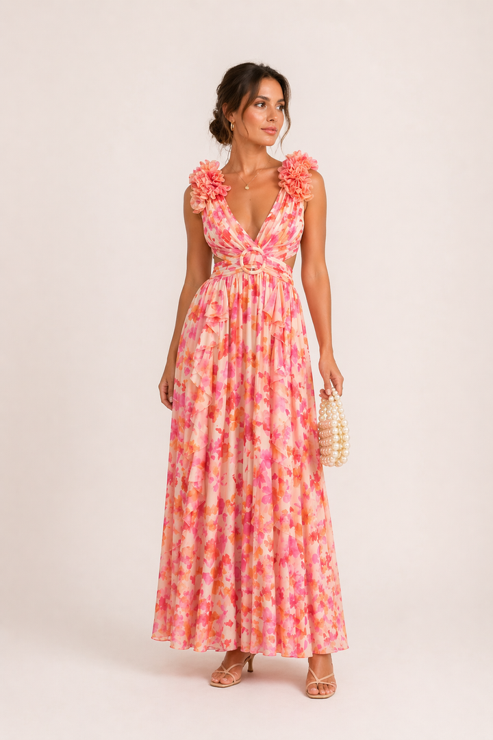 Maxime | Chiffon Maxi Dress V-Neck Floral Print 3D Flower Cut-Out