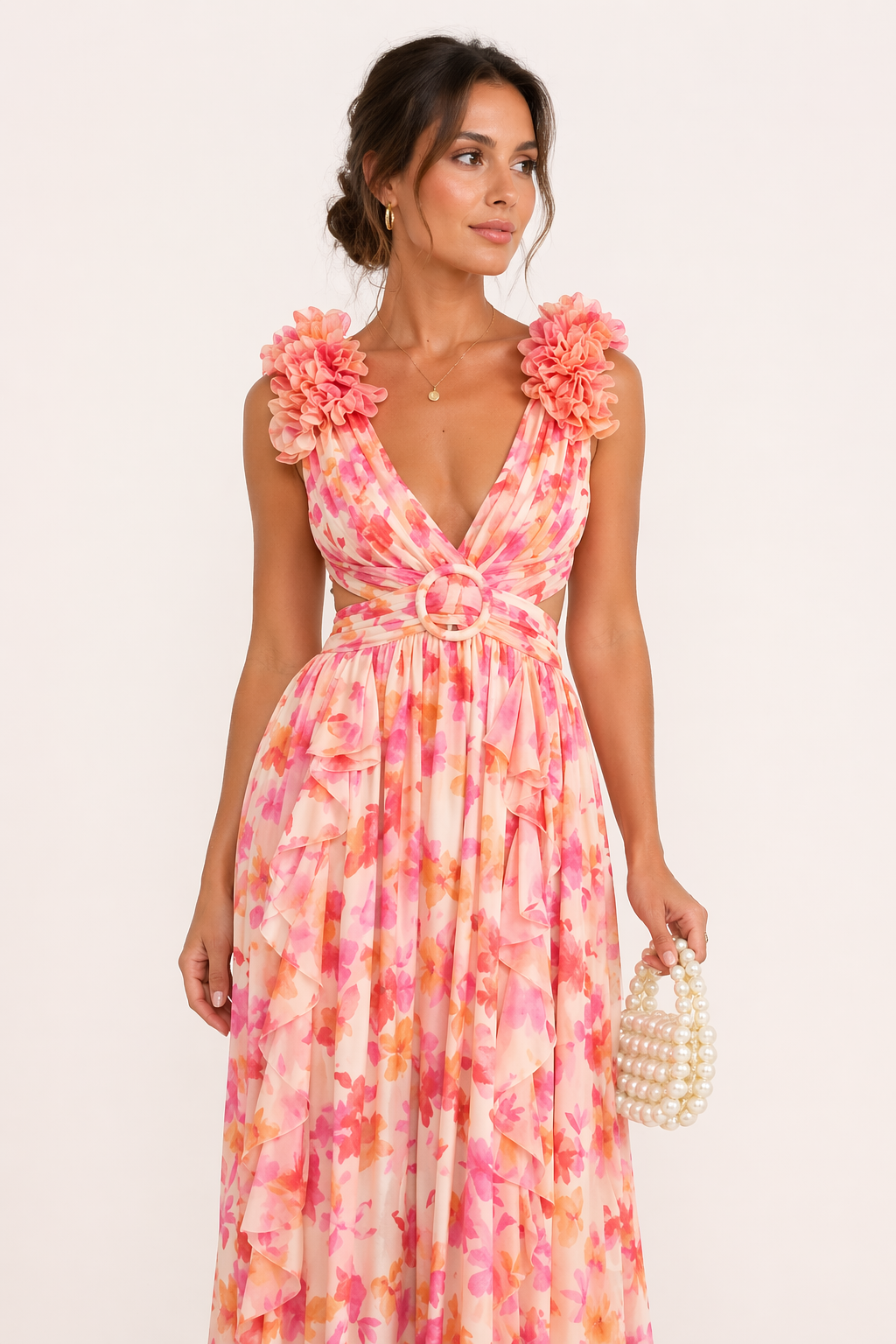 Maxime | Chiffon Maxi Dress V-Neck Floral Print 3D Flower Cut-Out