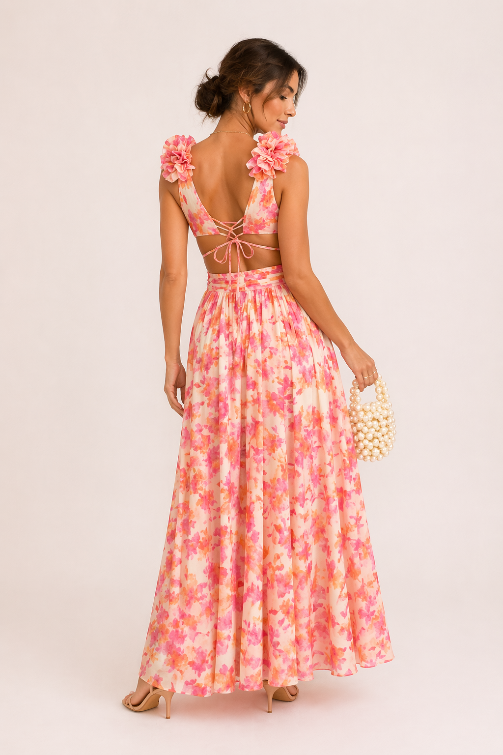 Maxime | Chiffon Maxi Dress V-Neck Floral Print 3D Flower Cut-Out