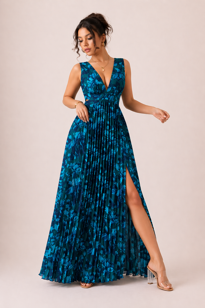 Rose | Pleated Maxi Dress with V-Neck, Floral Print, Cut-Outs, and Side Slit for Formal Occasions