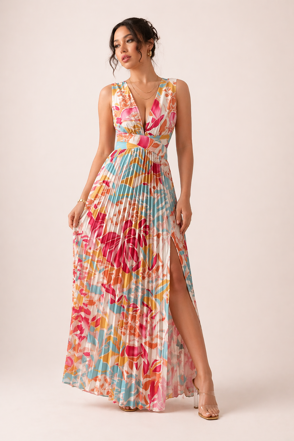 Rose | Pleated Maxi Dress with V-Neck, Floral Print, Cut-Outs, and Side Slit for Formal Occasions