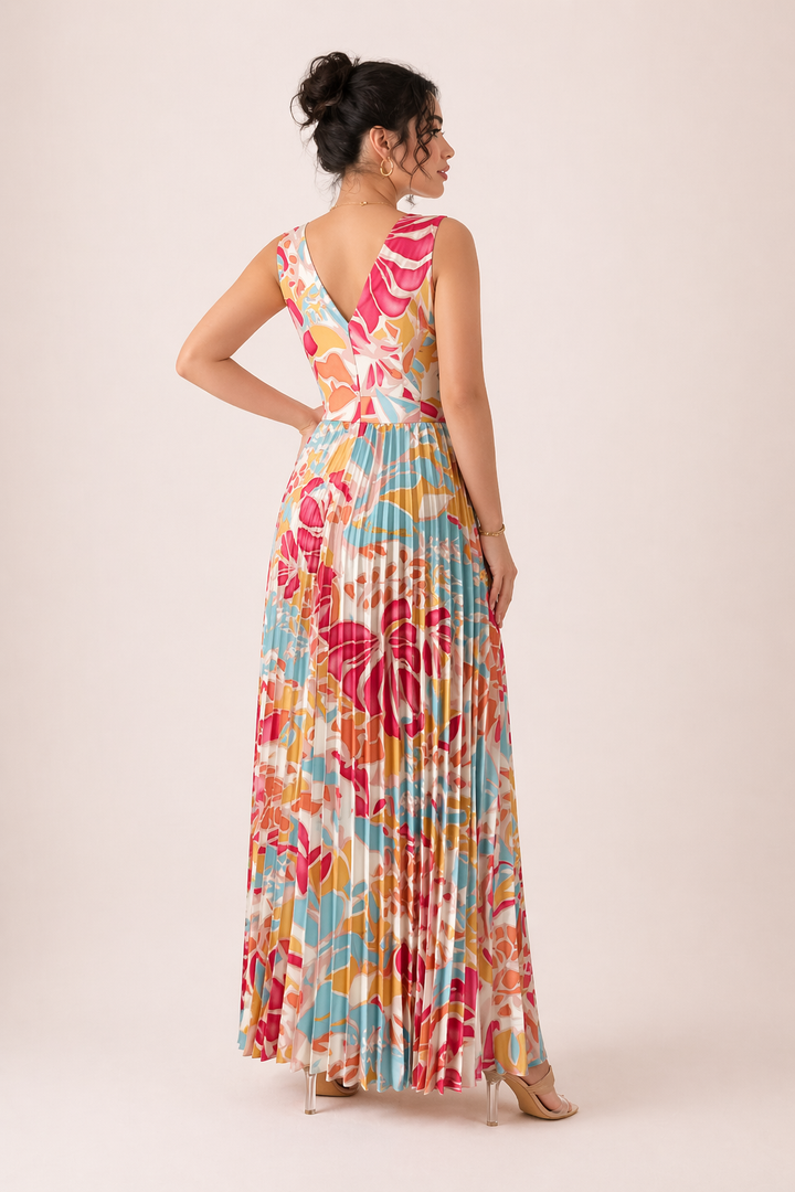 Rose | Pleated Maxi Dress with V-Neck, Floral Print, Cut-Outs, and Side Slit for Formal Occasions