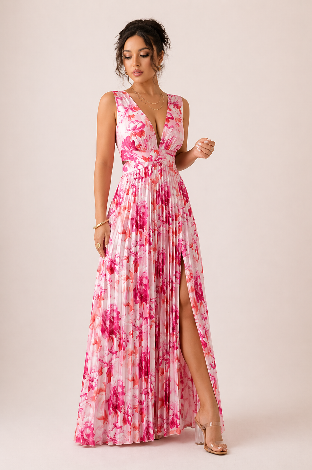 Rose | Pleated Maxi Dress with V-Neck, Floral Print, Cut-Outs, and Side Slit for Formal Occasions