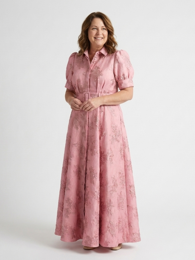 Xanthea | Tailored Floral Textured Maxi Shirt Dress with Short Sleeves