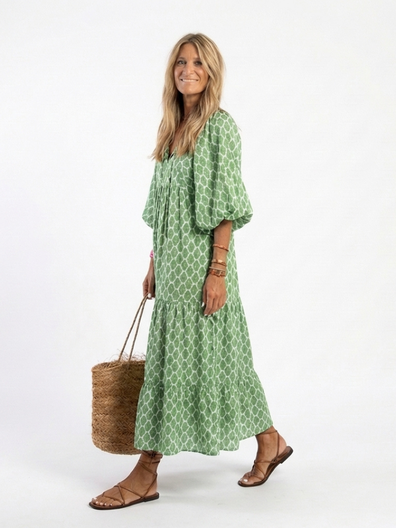 Apolline | Midi Dress with V-Neck and Three-Quarter Sleeves in Patterned Design